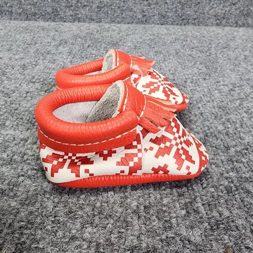 Freshly Picked Baby City Moccasins size 1 Red and white Fringe Leather Christmas